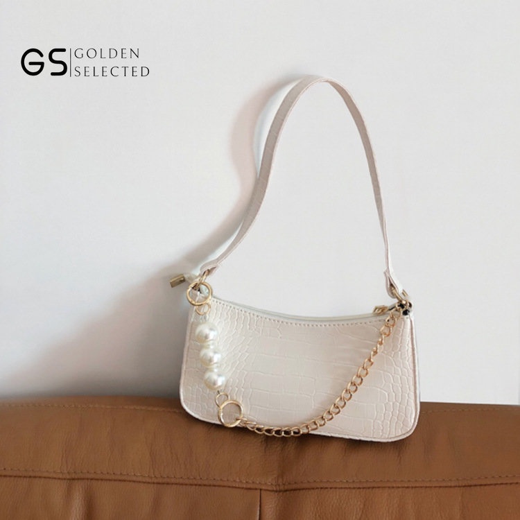 Túi Xách Vân Da Cá Sấu Phối Dây Xích Đính Ngọc Trai Phong Cách Retro Cao Cấp