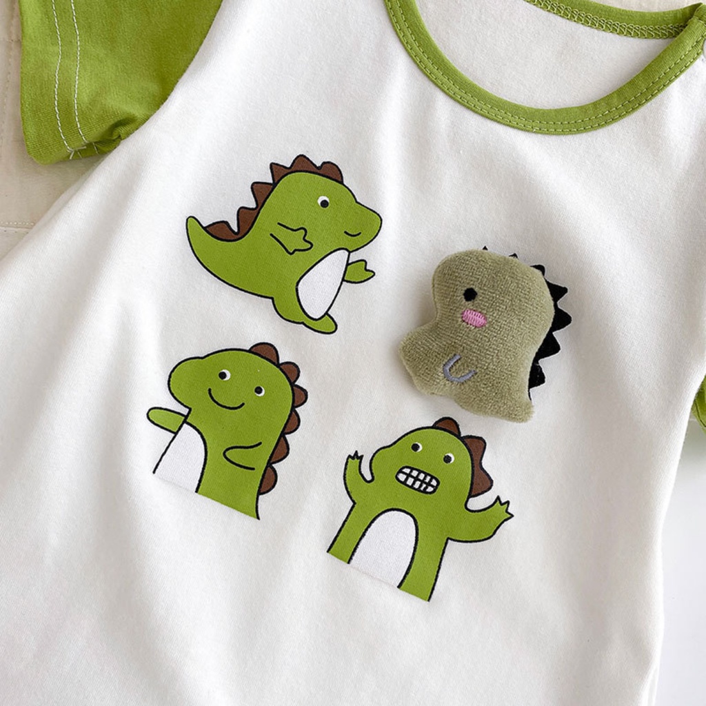 Bộ Áo Liền Quần Bằng Cotton Tay Ngắn In Hình Khủng Long Hoạt Hình Dễ Thương Thời Trang Mùa Hè Cho Bé 0-2