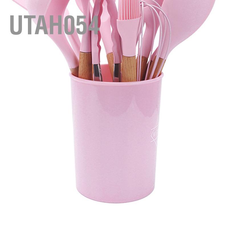 Utah054 Tay Cầm Bằng Gỗ Silicone Dụng Cụ Nhà Bếp Không Dính Thìa Bàn Chải Cạp Kẹp Bộ