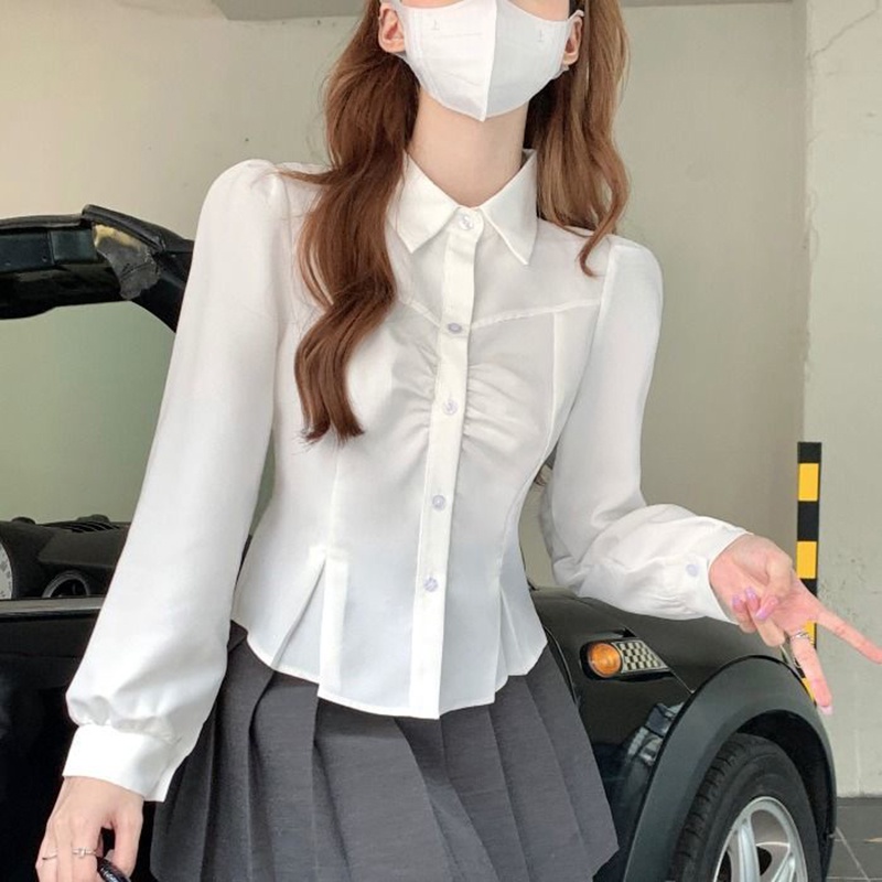 IELGY Áo Sơ Mi Lửng Tay Dài Eo Ngắn Xếp Ly Thời Trang Dành Cho Nữ