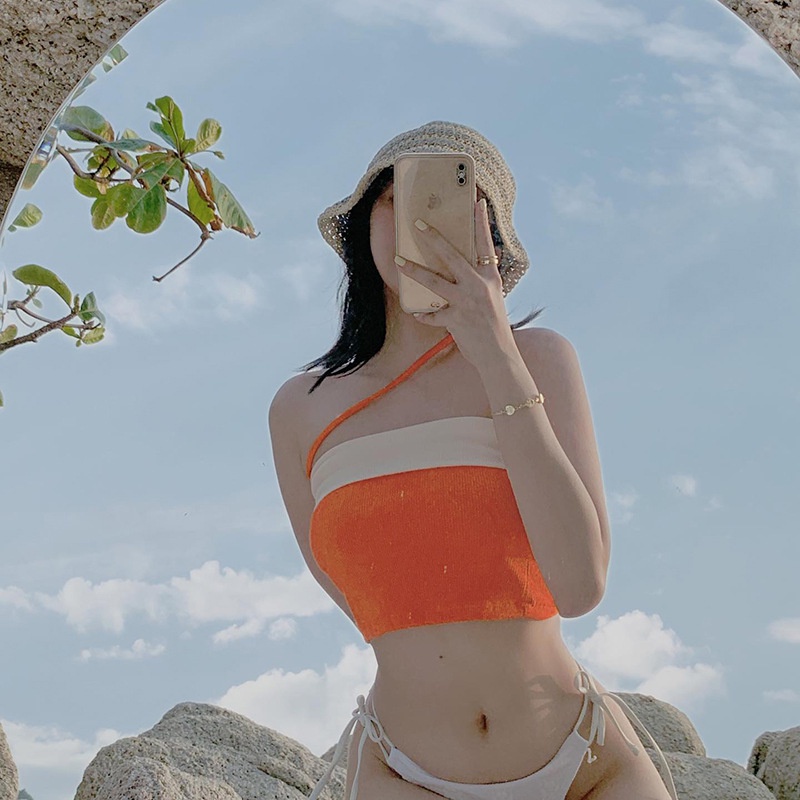 Weania Áo Dệt Kim Crop Top Hai Dây Một Bên Vai Khối Màu Mùa Hè Cho