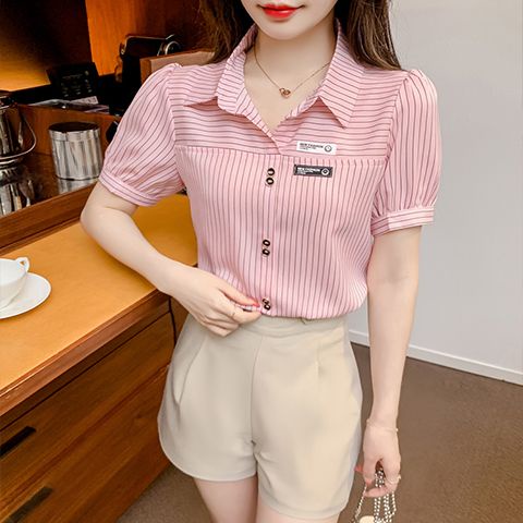 Áo Sơ Mi Tay Ngắn Họa Tiết Kẻ Sọc Thời Trang Mùa Hè 2023 Sang Trọng Cho Nữ