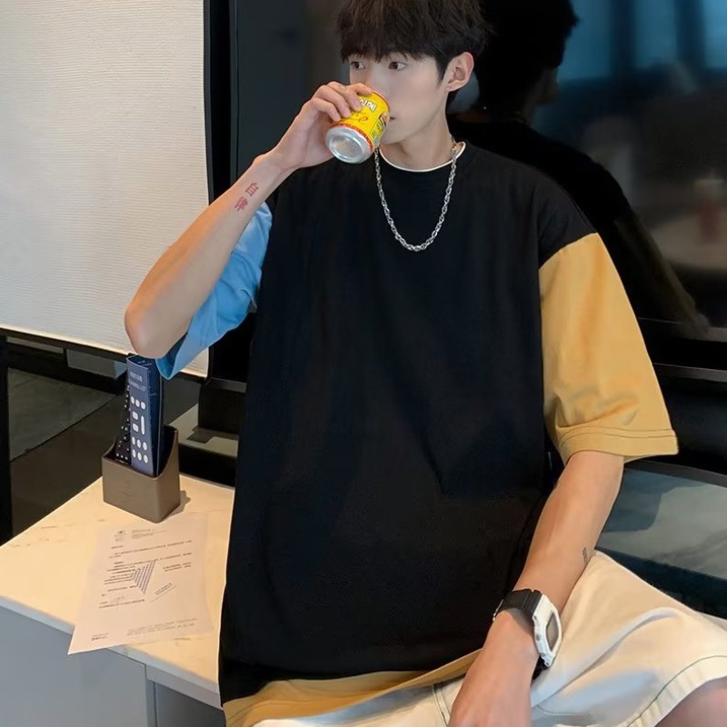 Áo thun cotton cổ tròn tay ngắn thời trang mùa hè dành cho cặp đôi áo phông nam bigsize phong cách hàn quốc retro áo thun nam tay lỡ màu nối màu sắc tiếng nhật