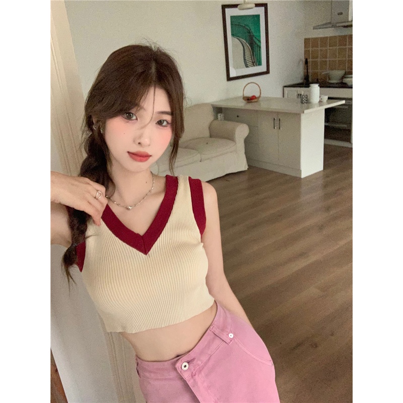 SUXI Áo Tank Top Dệt Kim Cổ Chữ V Màu Sắc Tương Phản Phong Cách Vintage Dành Cho Nữ