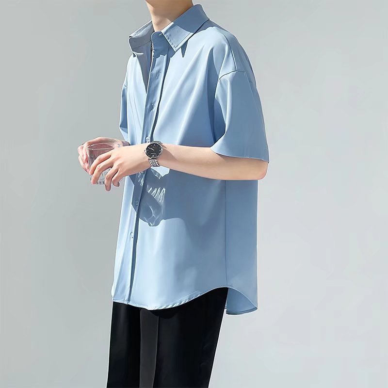 Áo Sơ Mi Ngắn Tay Dáng Rộng Màu Trơn Thời Trang Mùa Hè Hàn Quốc Dành Cho Nam