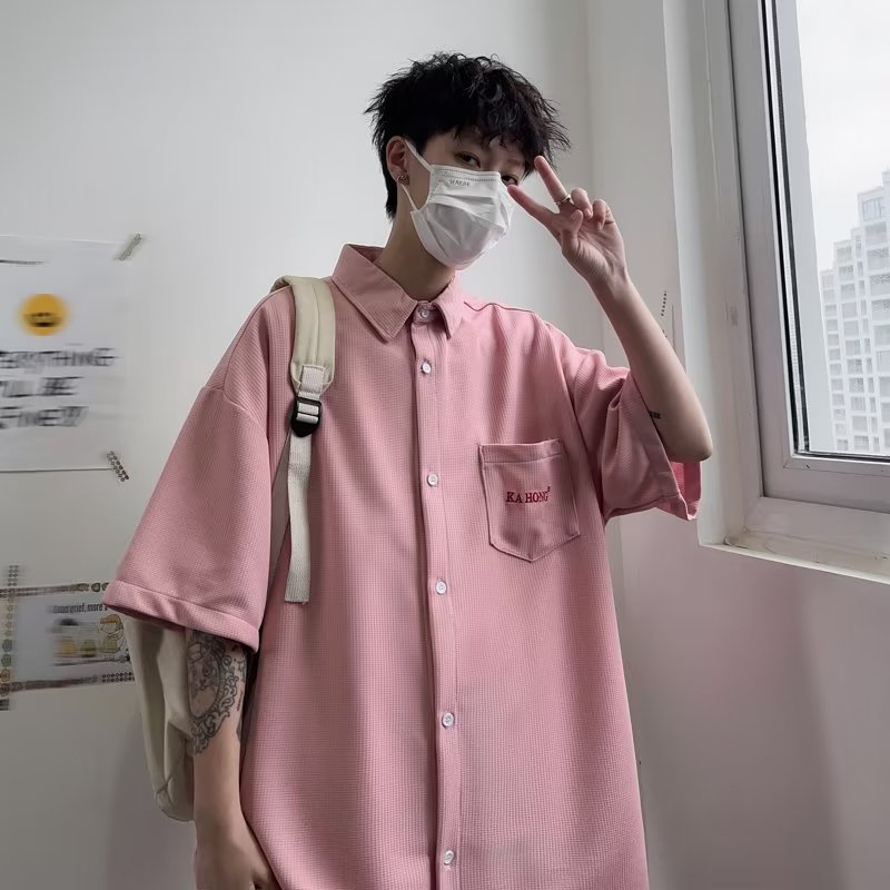 Áo Sơ Mi Tay Ngắn Dáng Rộng Phong Cách Nhật Bản Đơn Giản Thời Trang Cho Nam