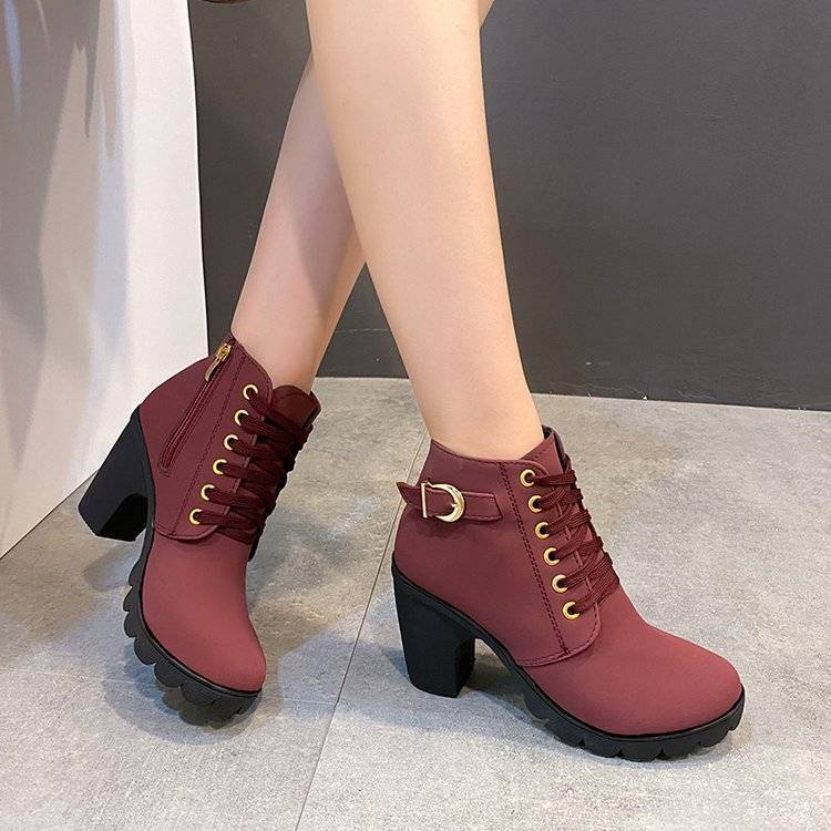 Giày Bốt Cổ Cao Đến Mắt Cá Mũi Tròn Đế Dày Cột Dây Có Size Lớn 36-42 Thời Trang Cho Nữ