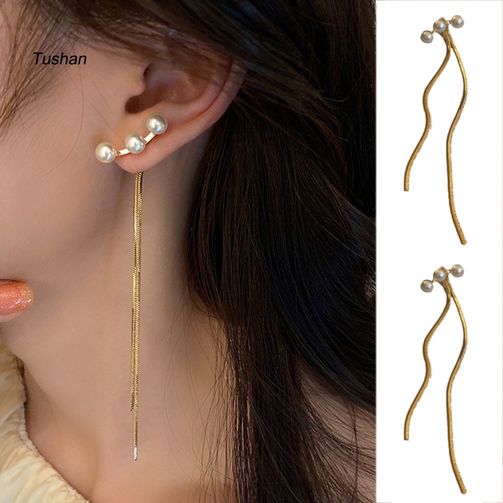 1 Đôi Bông Tai Dài Tua Rua Đính Ngọc Trai Giả Thời Trang