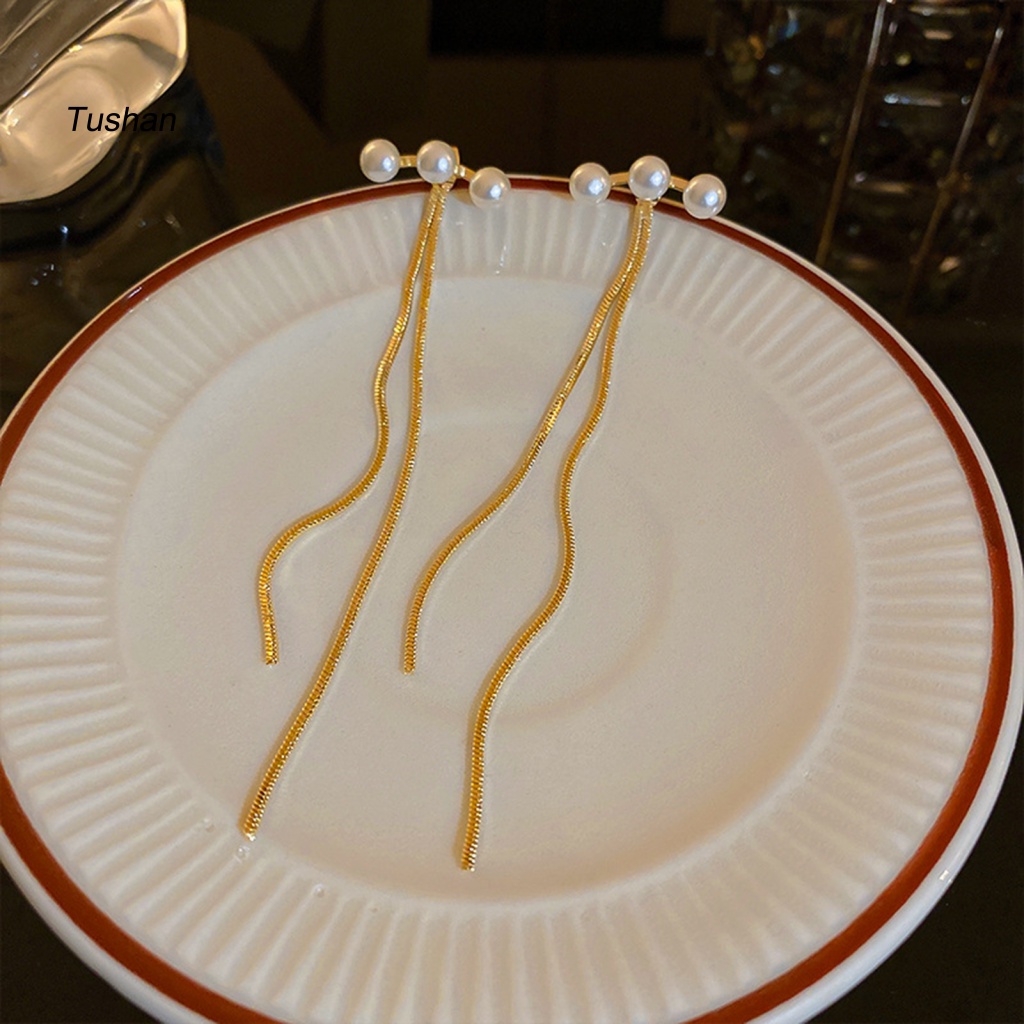 1 Đôi Bông Tai Dài Tua Rua Đính Ngọc Trai Giả Thời Trang