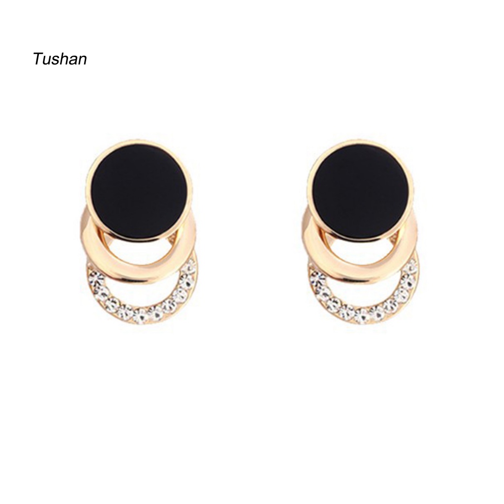 1 Cặp Bông Tai 3 Vòng Tròn Màu Đen Đính Đá Lấp Lánh Thời Trang