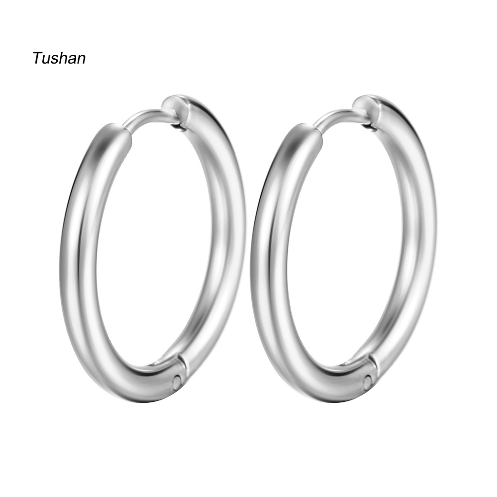 1 Đôi Bông Tai Tròn Bằng Thép Không Gỉ Màu Bạc Bóng Thanh Lịch Thời Trang