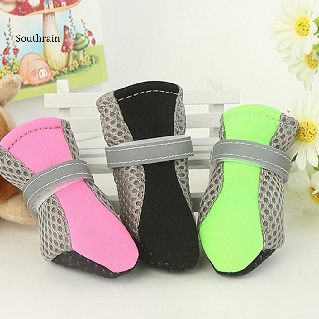 Bộ 4 Giày Bằng Vải Thoáng Khí Chống Trượt Có Khóa Dán Dành Cho Cún Cưng