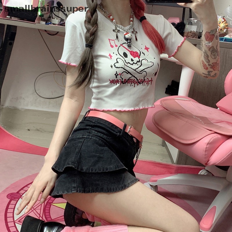 Áo Thun Crop Top Tay Ngắn Cổ Tròn In Họa Tiết Hoạt Hình Phong Cách Harajuku Thời Trang Mùa Hè Cho Nữ SBS