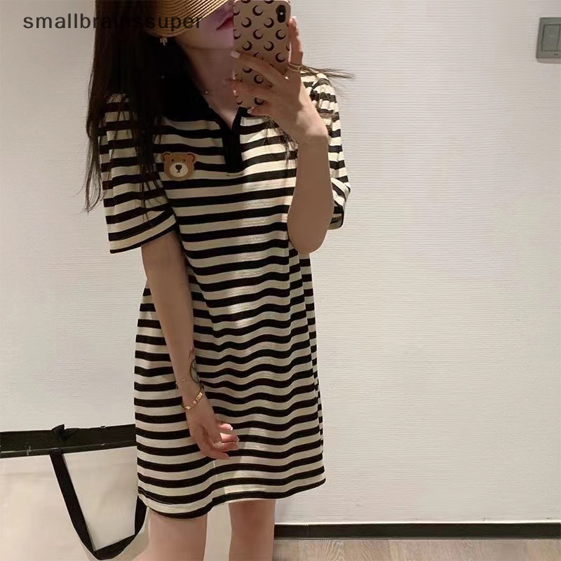 Đầm Mini Ngắn Tay Cổ Bẻ Họa Tiết Kẻ Sọc Thời Trang Mùa Hè Cho Nữ SBS