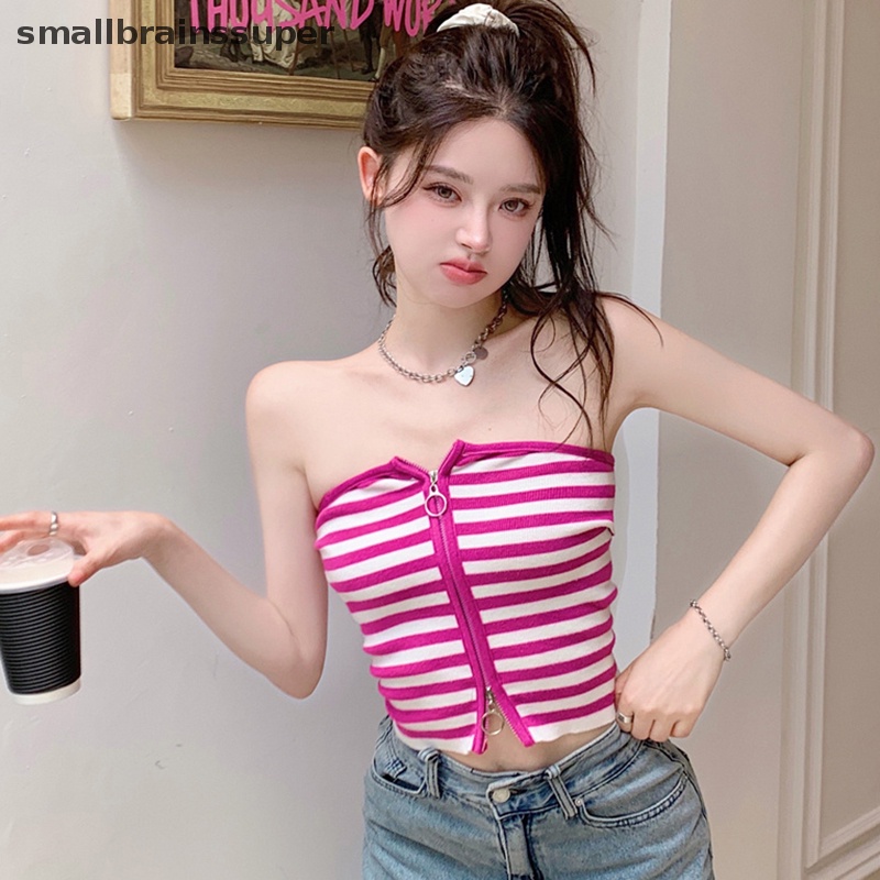 Áo Croptop Dệt Kim Y2K Phối Khóa Kéo Thời Trang Mùa Hè 2023 Cho Nữ SBS