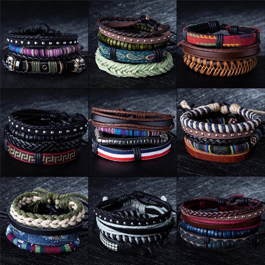 Set 4 Vòng Tay Bện Dây Giả Da Nhiều Lớp Unisex