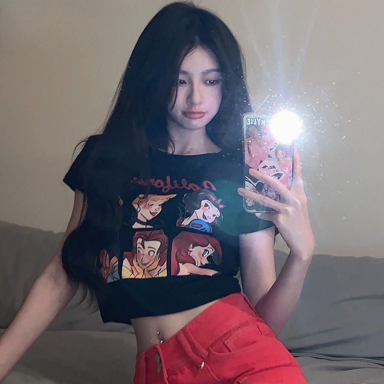 Áo baby tee Thun croptop nữ Tay Ngắn Cổ Tròn In Họa Tiết Hoạt Hình Thời Trang Mùa Hè 2023 Cho Nữ