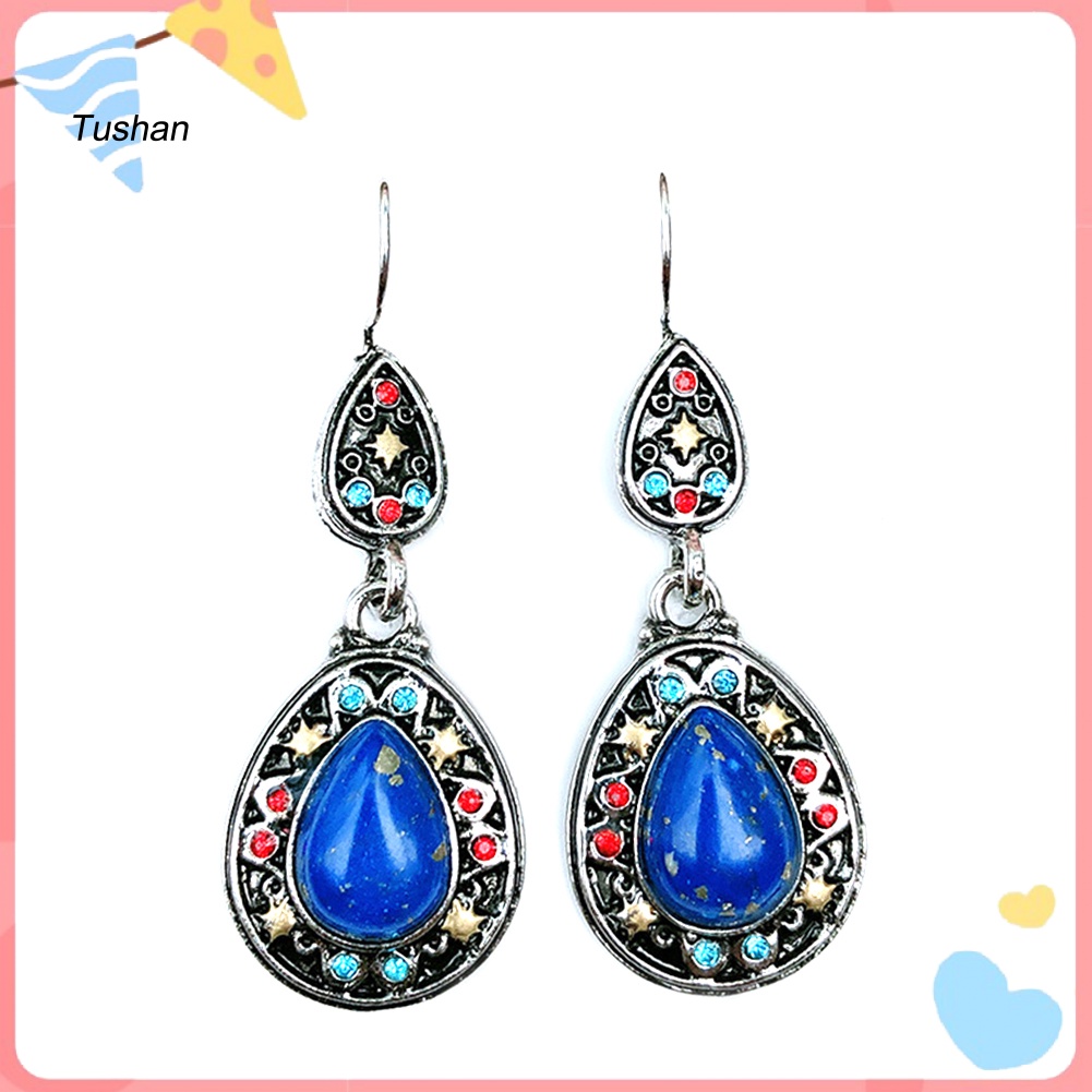 Bông Tai Hình Giọt Nước Đính Đá Ngọc Lam Giả Phong Cách Vintage Dành Cho Nữ