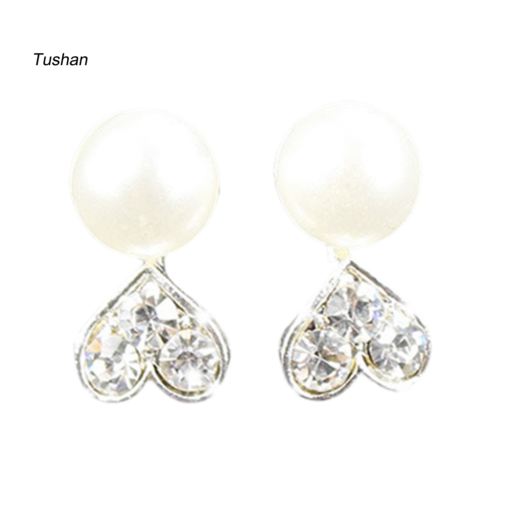 1 Đôi Bông Tai Hình Trái Tim / Nơ Đính Đá Zircon / Ngọc Trai Giả / Cherry Thời Trang Hàn Quốc
