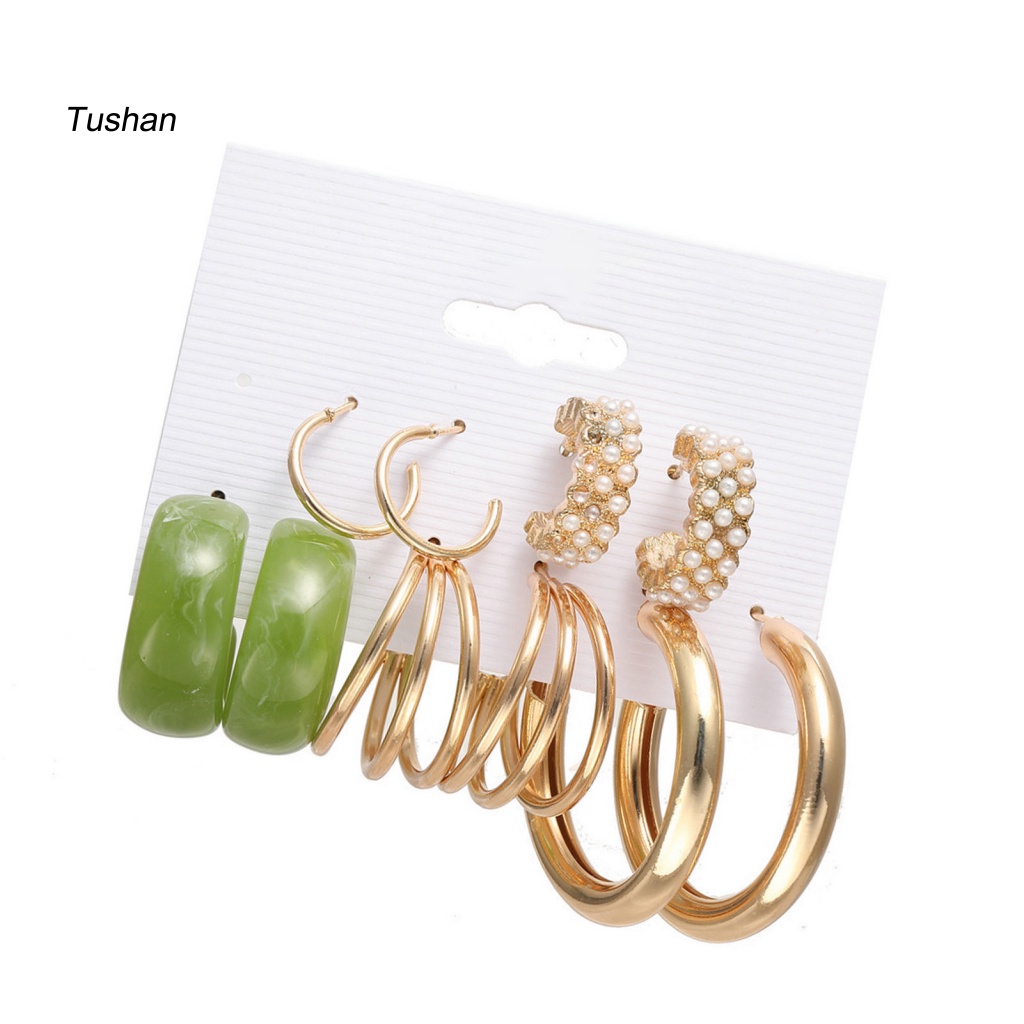 [Ts] Set 5 Đôi Bông Tai Tròn Bằng Kim Loại Đính Ngọc Trai Nhân Tạo Phong Cách Bohemian Phù Hợp Mặc Hàng Ngày