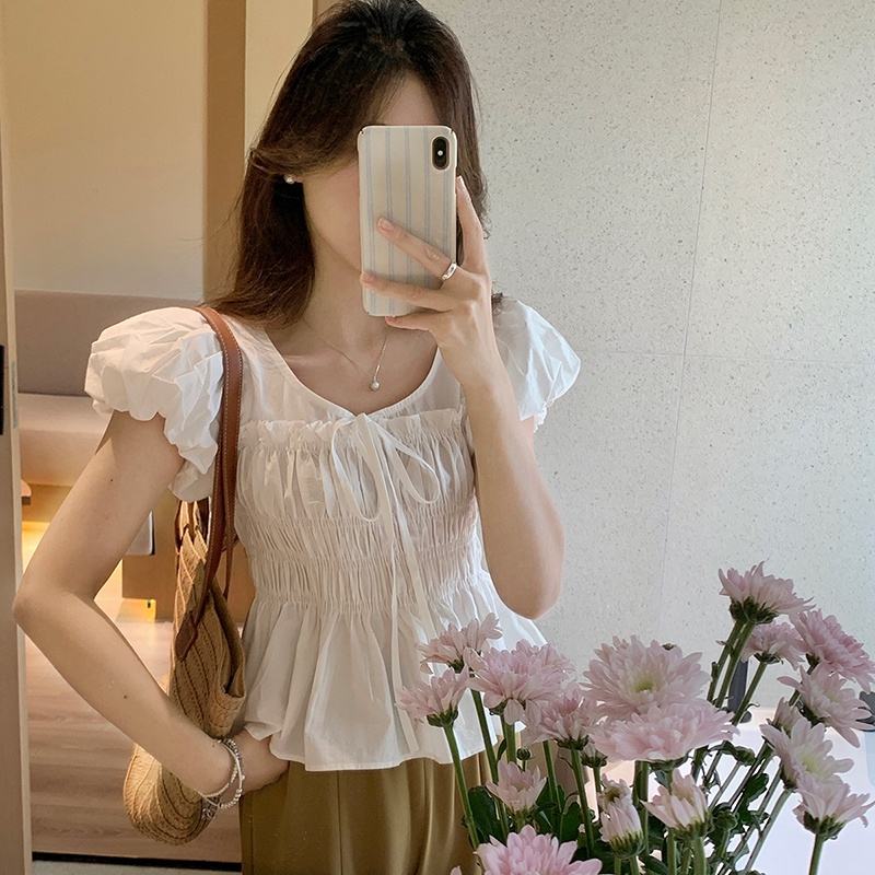 SUXI Áo Kiểu Tay Phồng Ngắn Màu Sắc Ngọt Ngào Phong Cách Hàn Quốc Thời Trang Mùa Hè Cho Nữ