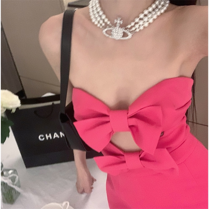 ~ Eros Comes Rose Bộ Áo Liền Quần Hai Dây Eo Hẹp Đính Nơ Công Nghiệp Nặng Màu Đỏ Hồng