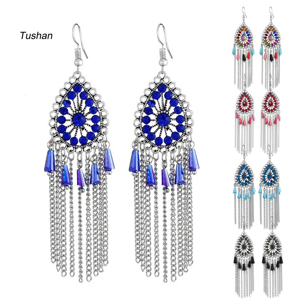 1 Đôi Bông Tai Hình Giọt Nước Đính Đá Phối Tua Rua Phong Cách Vintage