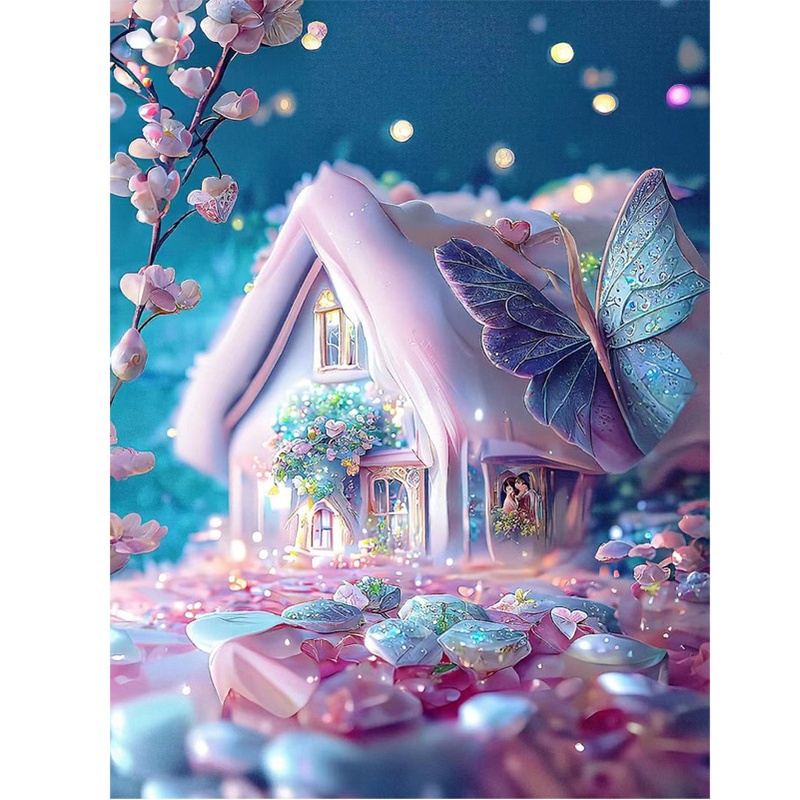 Tranh Đính Đá 5D Tự Làm Hình Lâu Đài Màu Hồng Trang Trí Nhà Cửa Phong Cách Mới