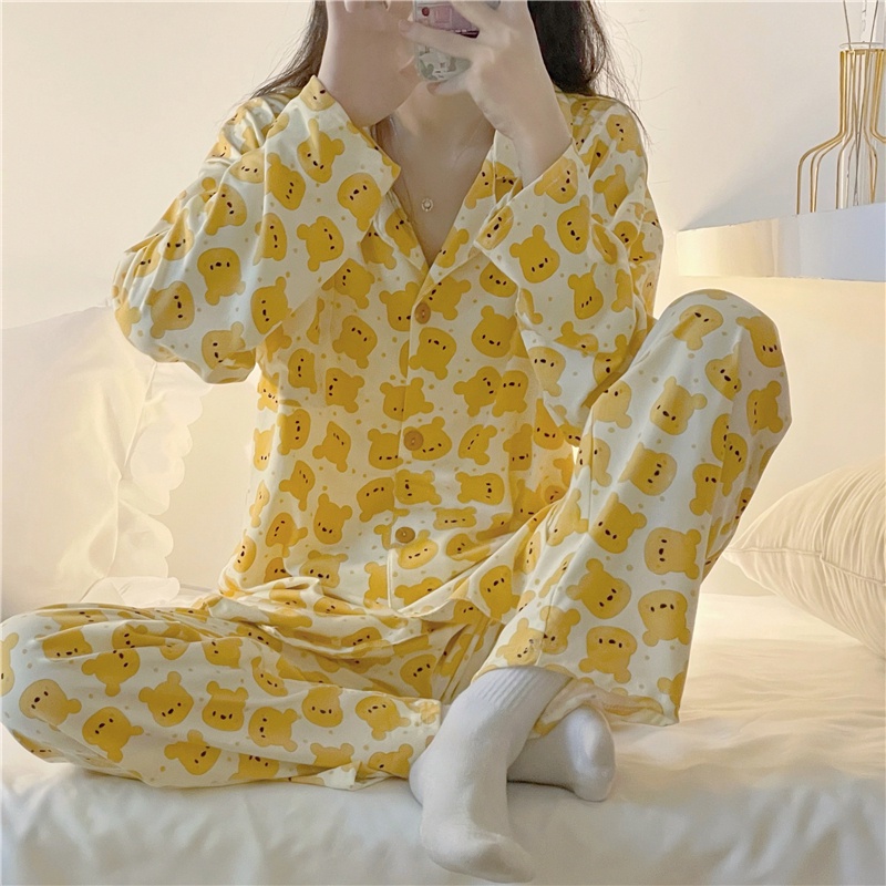 Bộ Đồ Ngủ Hai Mảnh In Họa Tiết Gấu Pooh Dễ Thương Phong Cách Hàn Quốc Thời Trang Mùa Thu Cho Nữ