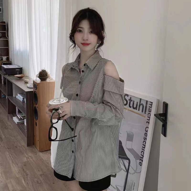 Áo Sơ Mi Tay Dài Trễ Vai Họa Tiết Kẻ Sọc Phong Cách Hàn Quốc Thời Trang Cho Nữ