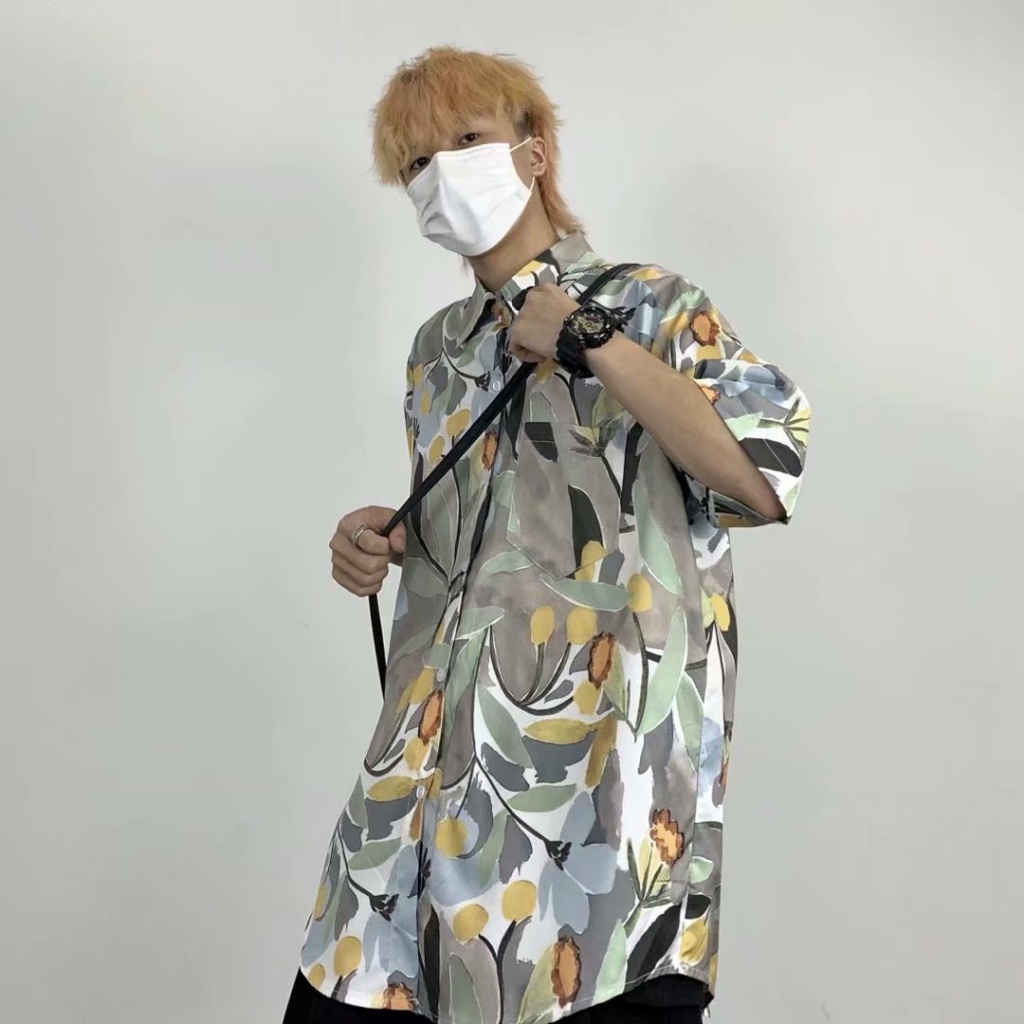 Áo Sơ Mi Nam Ngắn Tay Dáng Rộng In Họa Tiết Hoa Phong Cách Hàn Quốc Thời Trang Mùa Hè