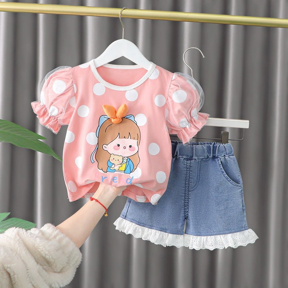 Bộ Áo Denim Tay Ngắn Phồng Kèm Quần Ngắn Thời Trang Mùa Hè Kiểu Mới Cho Bé Gái LE8I