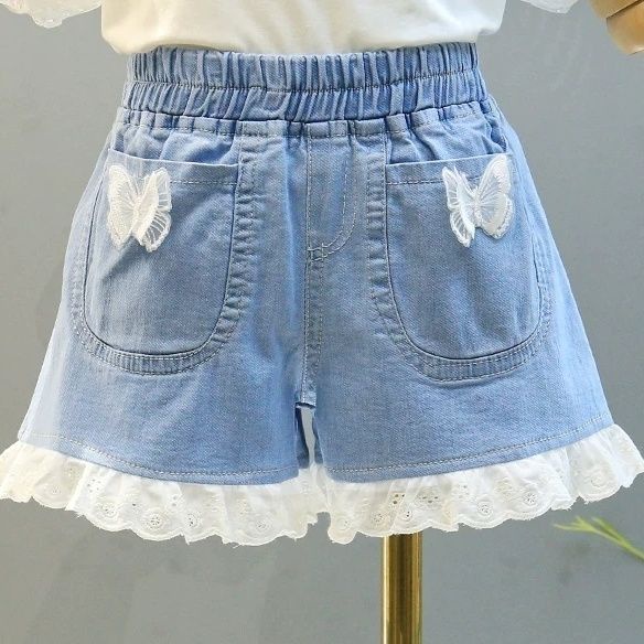 Quần Short Denim Ống Loe Thêu Hoa Thời Trang Mùa Hè 2023 Cho Bé Gái