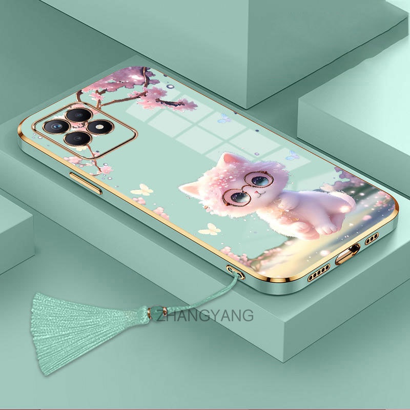 Ốp Điện Thoại TPU Silicon Mềm Mạ Viền Hình Mèo Có Dây Đeo Tua Rua Cho Realme 8i 8i