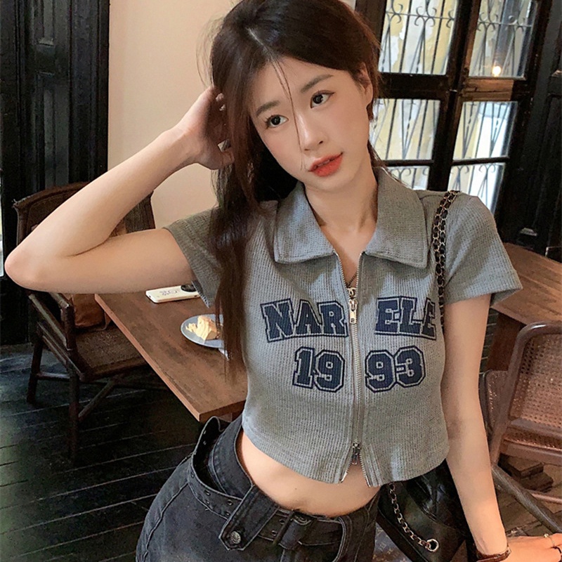 IELGY Áo Thun Ngắn Tay Cổ polo Có Khóa Kéo In Chữ Phong Cách retro Cho Nữ