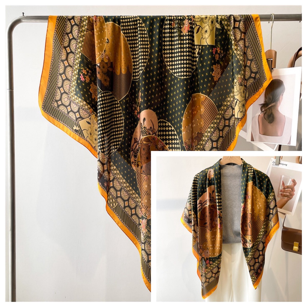 Khăn Choàng Vuông 110cm Bằng Lụa Satin Chống Nắng Dễ Phối Đồ In Họa Tiết Hoa Thổ Cẩm Cổ Điển Kích Thước Lớn Cho Nữ