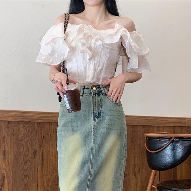 Cozok Áo chiffon Ngắn Tay Trễ Vai Phong Cách Quyến Rũ