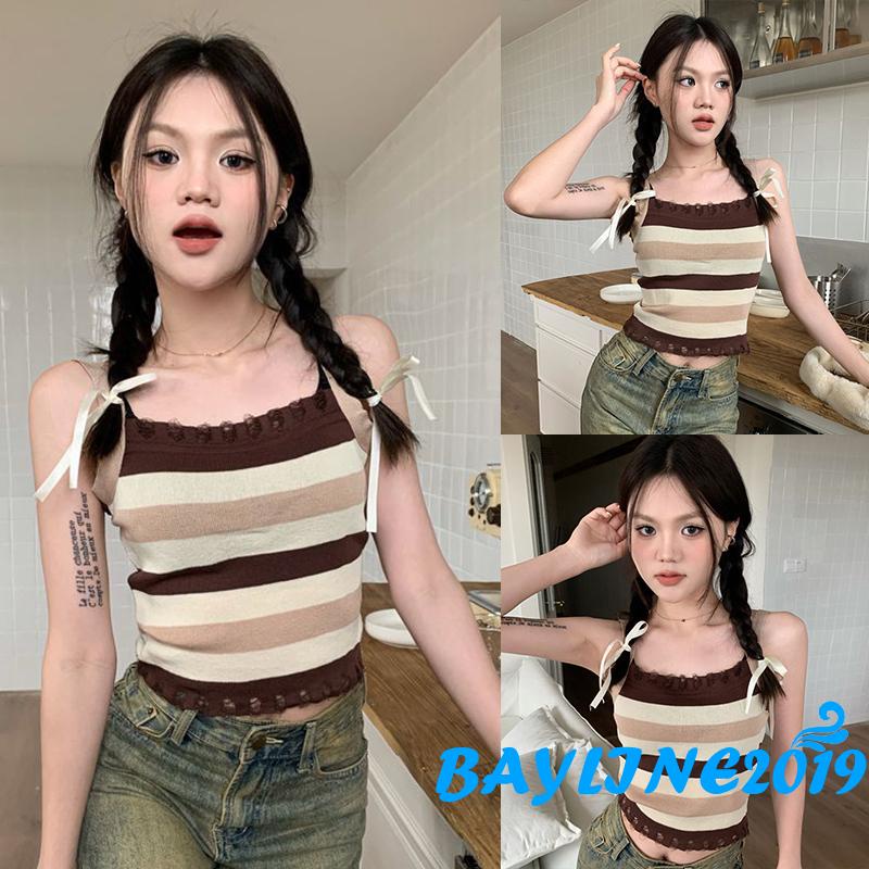 Áo Thun Hai Dây Họa Tiết Kẻ Sọc Thời Trang Mùa Hè Gợi Cảm Cho Nữ