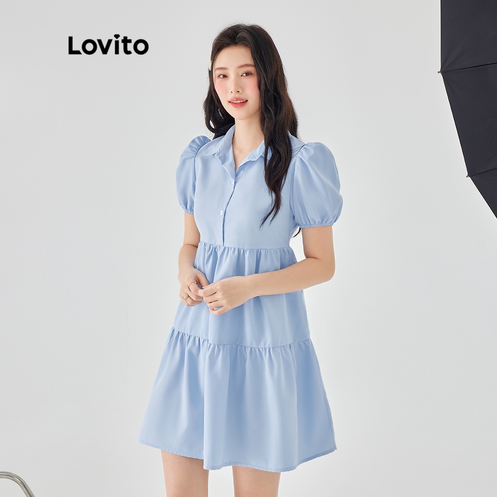 Đầm Lovito tay ngắn phối nút màu trơn thường ngày cho nữ L49AD072 (Màu trắng/ xanh lam)