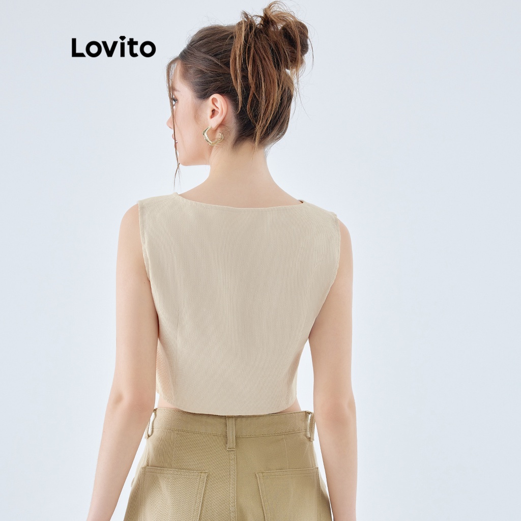 Áo crop top Lovito không tay cổ chữ V nút cài trước phong cách vintage dành cho nữ L49ED017 (màu mơ)