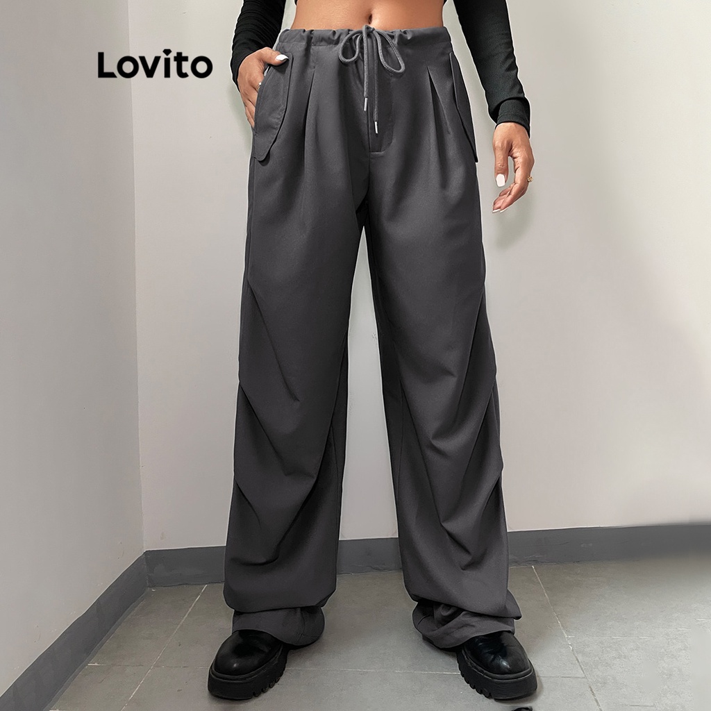 Quần Lovito xếp nếp cột dây phối túi màu trơn thường ngày cho nữ L49AD100 (Màu xám)