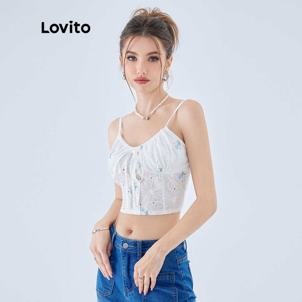 Áo crop top Lovito không tay đính nơ trước họa tiết hoa thường ngày dành cho nữ L49ED007 (màu trắng)