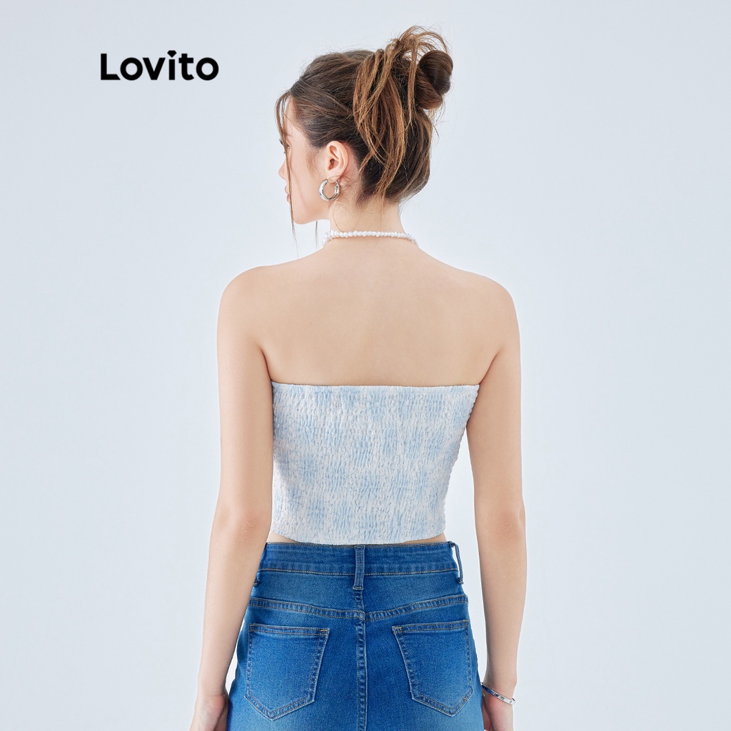 Áo không tay Lovito bất đối xứng xếp nếp thêu hoa thanh lịch cho nữ L49ED013 (Màu xanh lam nhạt)