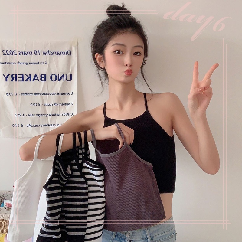 Áo Croptop Sát Nách Dáng Ôm In Họa Tiết Kẻ Sọc Thời Trang Hàn Quốc Cho Nữ