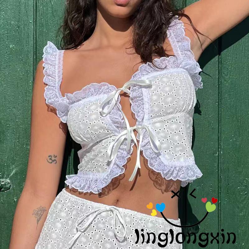 Áo Tank Top Nữ Phối Ren Màu Trơn Phong Cách Mùa Hè ZXY68