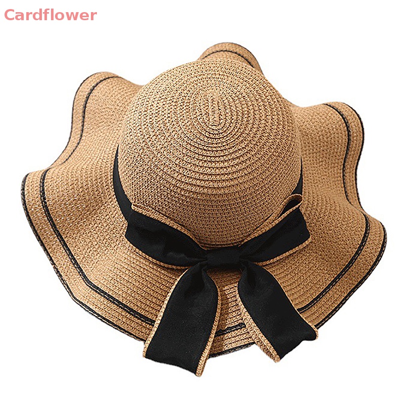 < Cardflower > Mũ Cói Che Nắng Đi Biển Mùa Hè Phối Nơ Gợn Sóng Đôi Thời Trang Mới