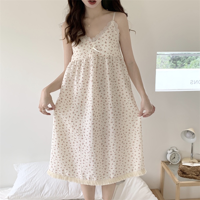 Đầm Ngủ Hai Dây Phối Ren Tua Rua In Hoa Dễ Thương Phong Cách Hàn Quốc Thời Trang Mùa Hè Cho Nữ