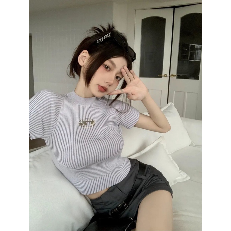 Áo Dệt Kim Mỏng Ngắn Tay Dáng Ôm Họa Tiết Kẻ Sọc Thời Trang Mùa Hè Cho Nữ