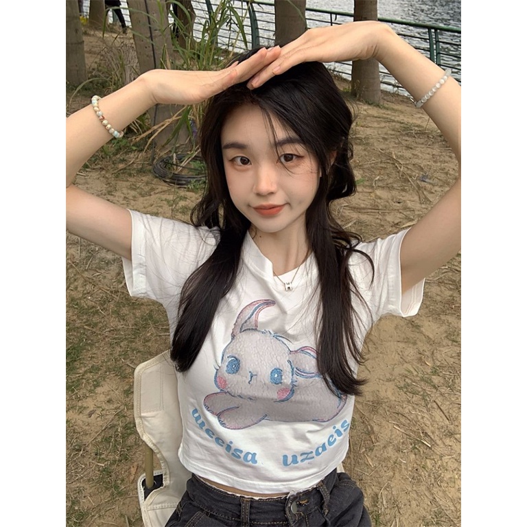 Áo baby tee Thun croptop Tay Ngắn In Hình Thỏ Thời Trang Mùa Hè 2023 Phong Cách Hàn Quốc Cho Nữ