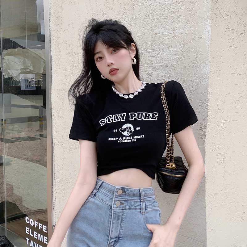 Áo baby tee Thun croptop nữ Ngắn Tay In Chữ Thời Trang Mùa Hè 2023 Phong Cách Mới Cho Nữ